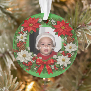 Traditional Christmas Poinsettia Wreath Photo Ornament