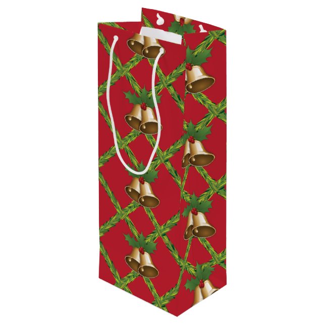 Traditional Christmas red and green jingle bells Wine Gift Bag (Back Angled)