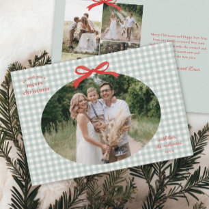 Traditional Christmas Red Bow Oval Photo Holiday Card