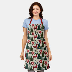 Traditional Christmas Reindeer Tree Pattern Apron