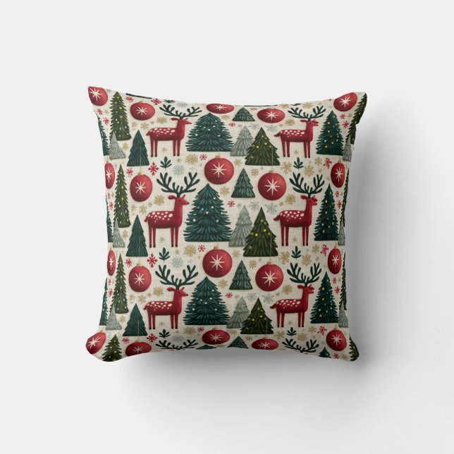 Traditional Christmas Reindeer Tree Pattern Cushion (Front)