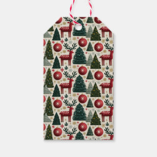 Traditional Christmas Reindeer Tree Pattern Gift Tags