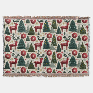 Traditional Christmas Reindeer Tree Pattern Throw Blanket