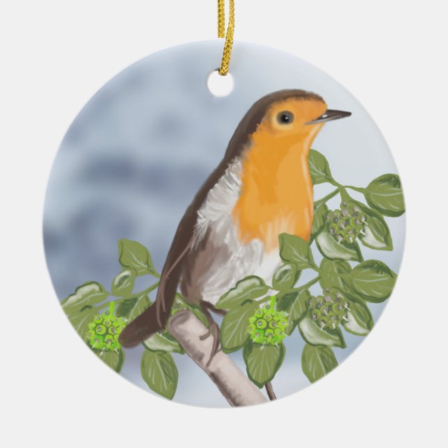 Traditional Christmas Robin and Ivy Ceramic Tree Decoration (Front)