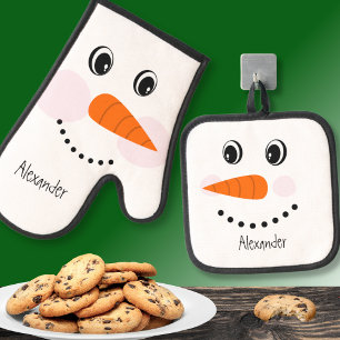 Traditional Christmas Snowman Funny Face Smile Oven Mitt & Pot Holder Set