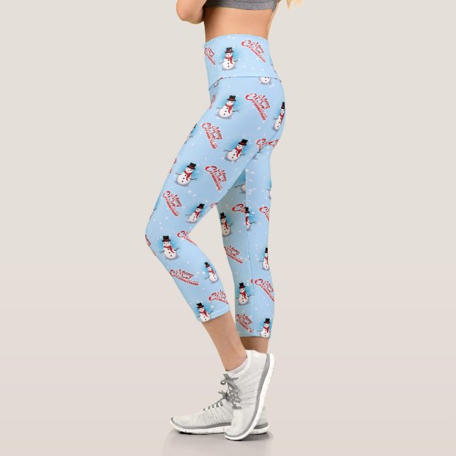 Traditional Christmas Snowman on LIGHT BLUE Capri Leggings (Left)