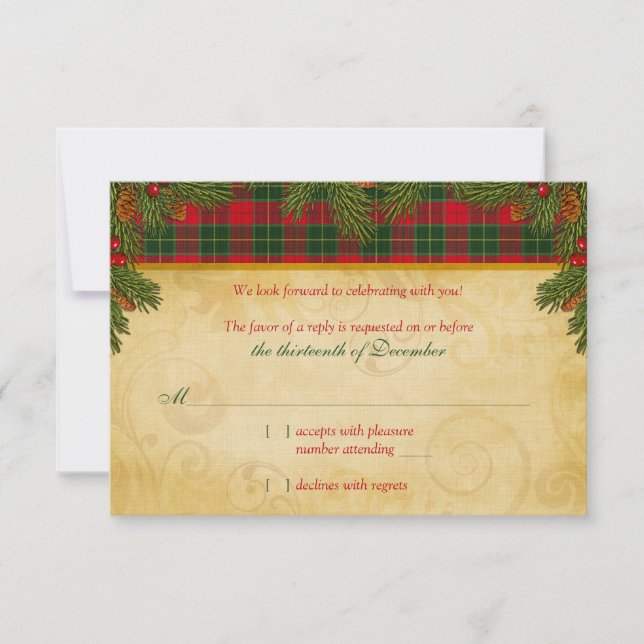 Traditional Christmas Tartan Plaid Wedding Rsvp Card (Front)