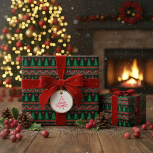 Traditional Christmas Tree And Snowflake Design Wrapping Paper