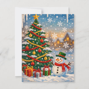 Traditional Christmas Tree and Snowman Holiday Car Card