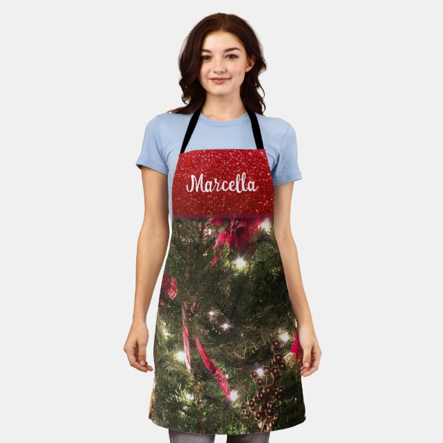 Traditional Christmas Tree Pattern Holiday Glitter Apron (Worn)