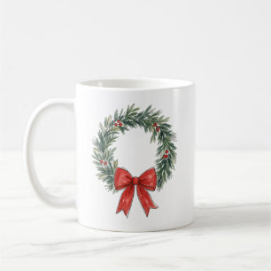 Traditional Christmas Wreath with Red Bow Watercol Coffee Mug