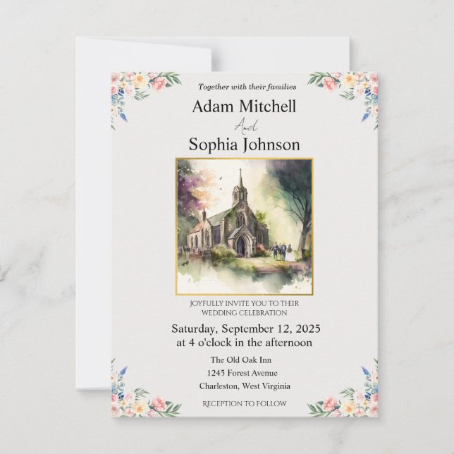 Traditional Church Watercolour Wedding Invite (Front)