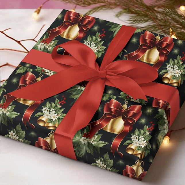 Traditional Classic Christmas Red Bow & Gold Bell  Wrapping Paper (Creator Uploaded)