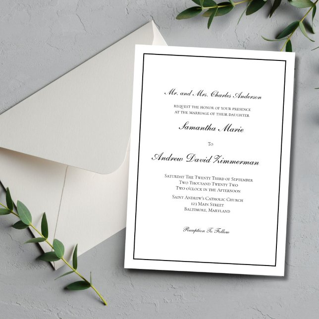 Traditional Classic Formal Elegant Wedding  Invitation (Traditional Classic minimal minimalist Black white, Black Border Wedding invitation. Printed Digital)