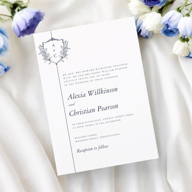  traditional classic  navy crest wedding invitation (traditional wedding wording , white crested navy text wedding invitation , tie the knot , brides )