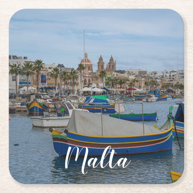 Traditional colorful fishing boats in Malta Square Paper Coaster (Front)