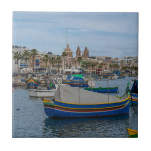 Traditional colorful fishing boats in Malta Tile