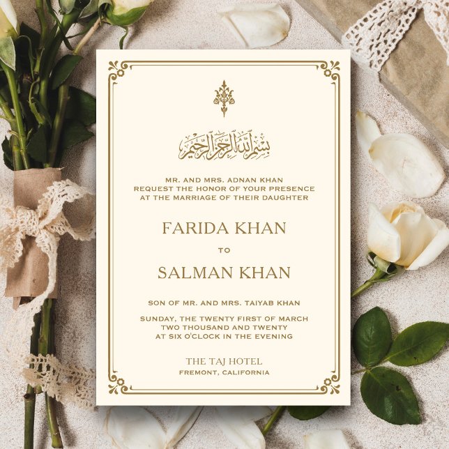Traditional Cream and Gold Border Islamic Wedding Invitation (Creator Uploaded)