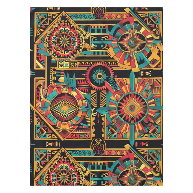Traditional Cyan "Aztec Dream" Woven Tablecloth (Front)
