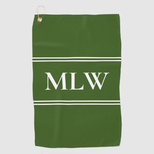 Traditional Dark Green and White Monogram Initials Golf Towel (Front)