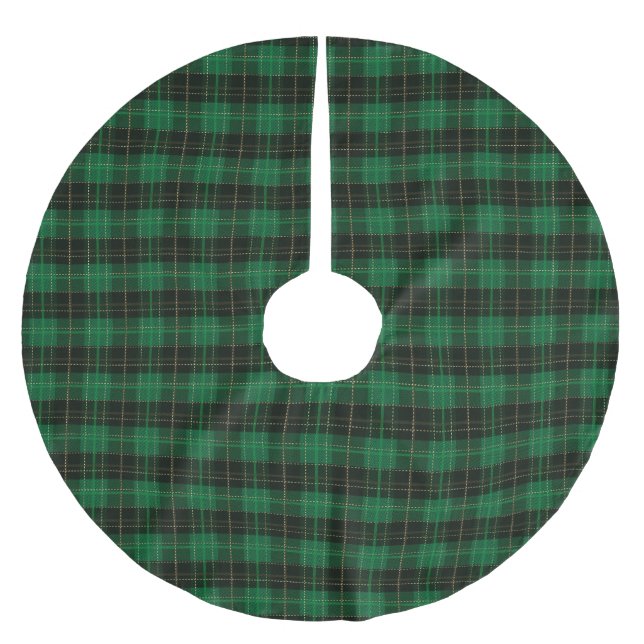 Traditional dark green gold tartan plaid pattern brushed polyester tree skirt (Front)