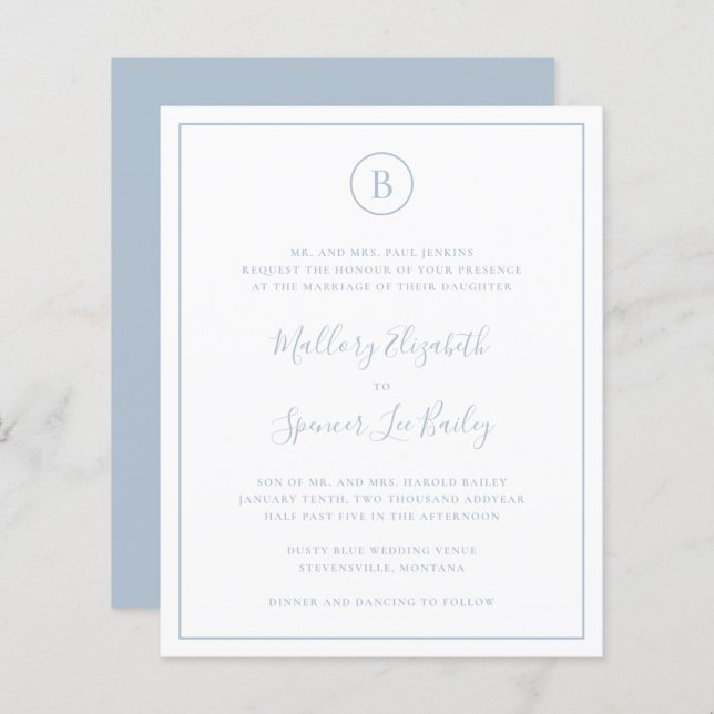 Traditional Dusty Blue Budget Wedding Invitation (Front/Back)