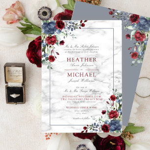 Traditional Dusty Blue Burgundy Floral Wedding Inv Invitation
