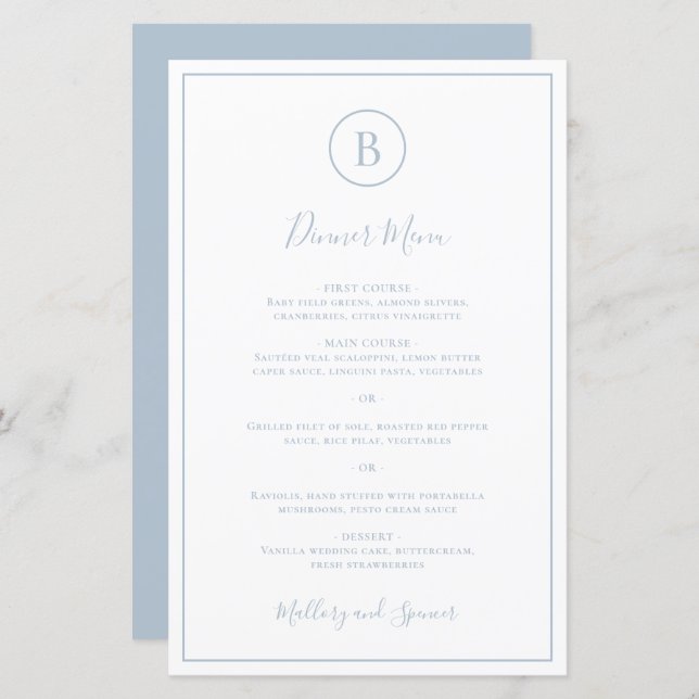 Traditional Dusty Blue Elegant Wedding Menu (Front/Back)