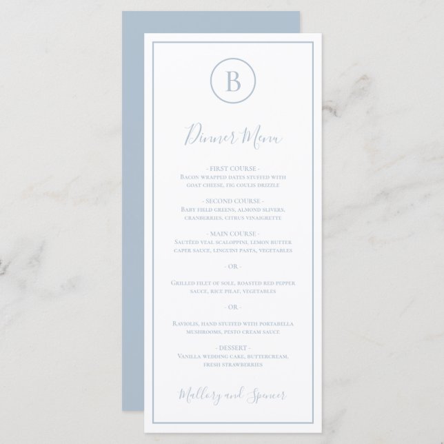 Traditional Dusty Blue Elegant Wedding Menu (Front/Back)