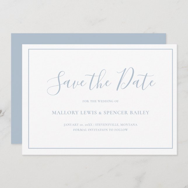 Traditional Dusty Blue Elegant Wedding Save The Date (Front/Back)