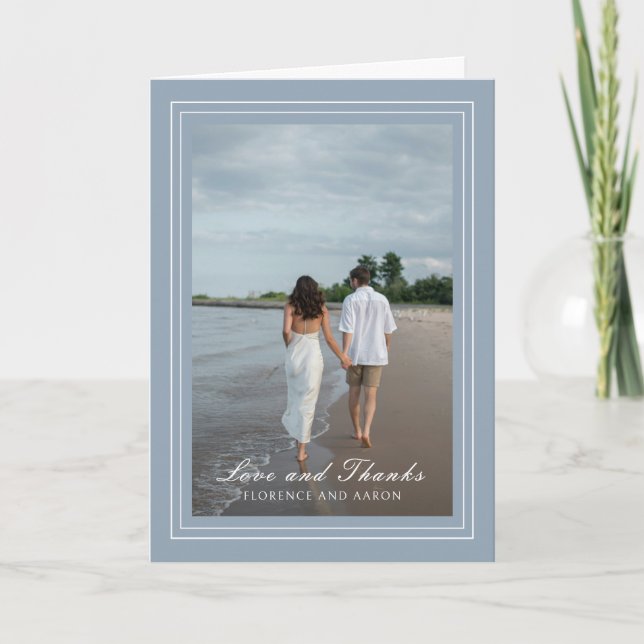 Traditional Dusty Blue Photo Timeless Wedding Thank You Card (Front)
