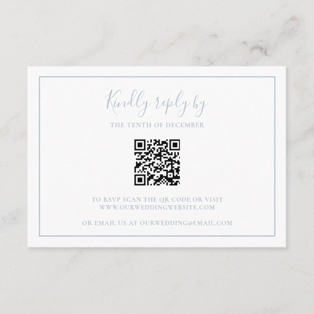Traditional Dusty Blue QR Code Elegant Wedding RSVP Card (Front)