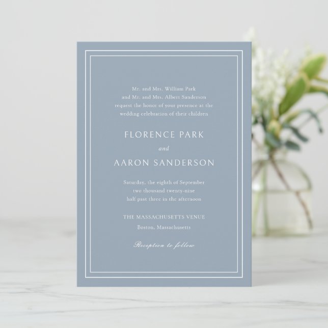 Traditional Dusty Blue Timeless Wedding Invitation (Standing Front)