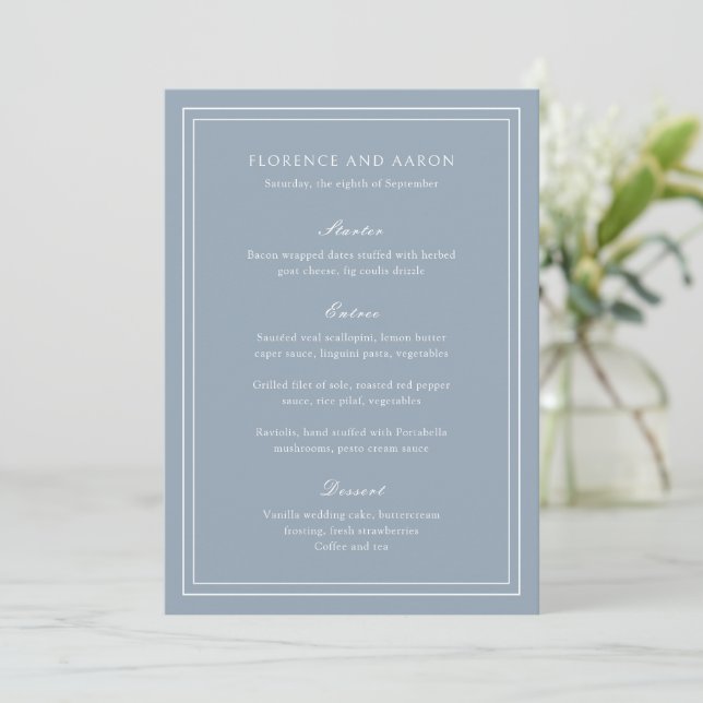 Traditional Dusty Blue Timeless Wedding Menu (Standing Front)