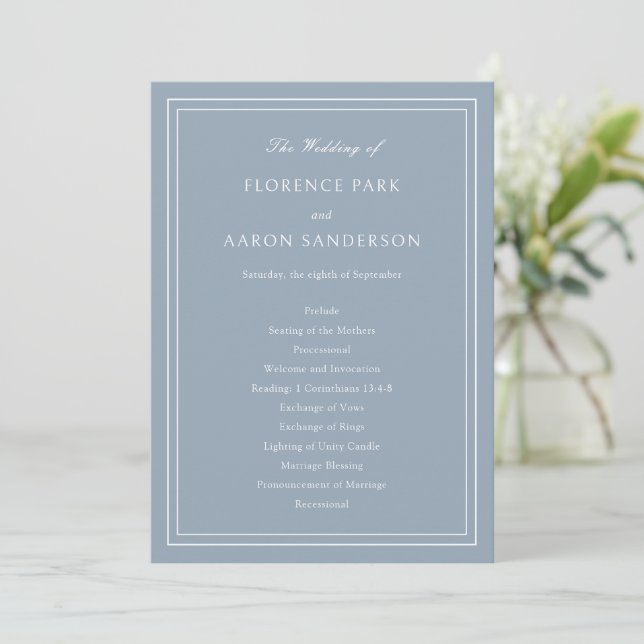 Traditional Dusty Blue Timeless Wedding Programme (Standing Front)