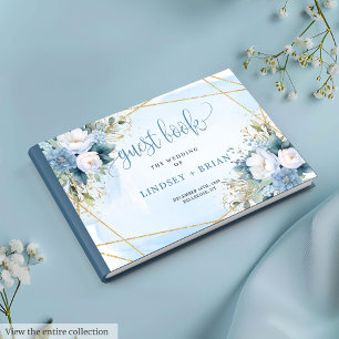 Traditional Dusty Blue White Gold Peonies Wedding Guest Book