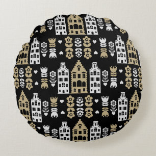 Traditional Dutch Folk Art Print Round Cushion