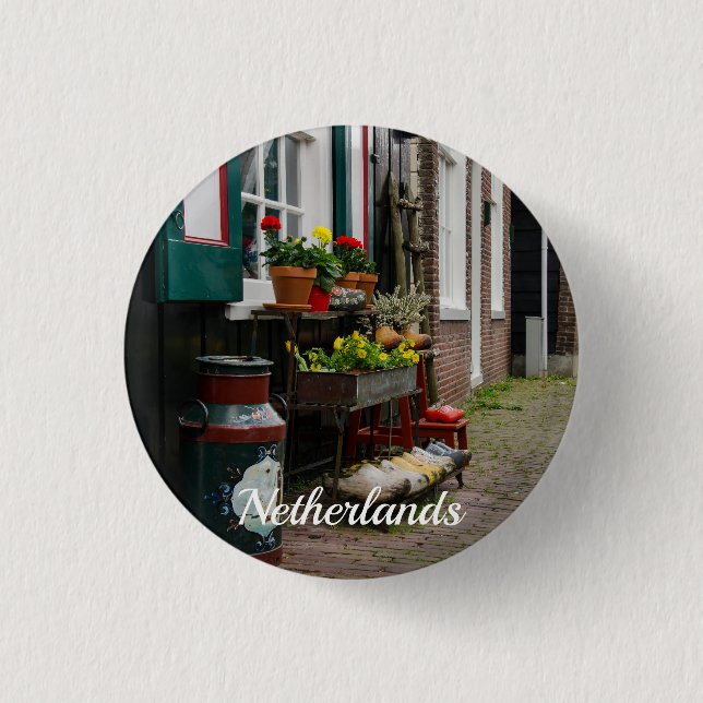 Traditional Dutch wooden shoes on street 3 Cm Round Badge (Front)