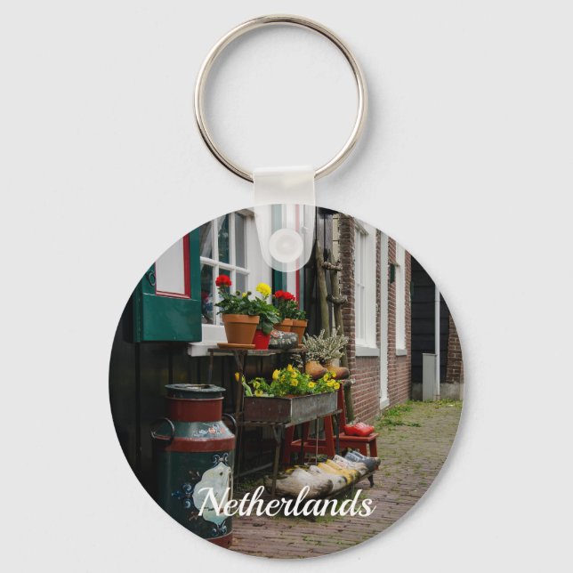 Traditional Dutch wooden shoes on street Key Ring (Front)