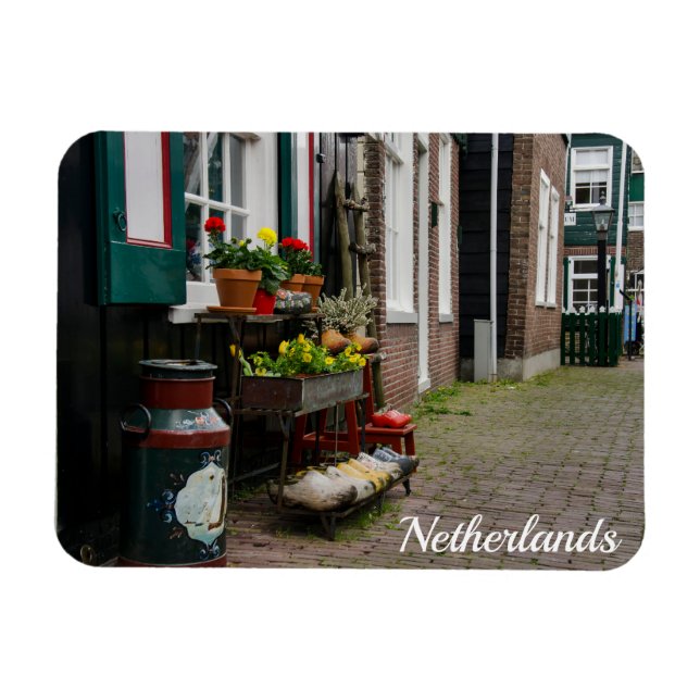 Traditional dutch wooden shoes on street magnet (Horizontal)