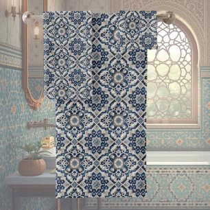 Traditional Elegance   Blue & White Morrocan Tiles Bath Towel Set