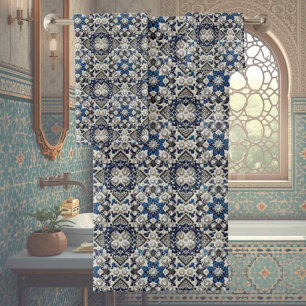 Traditional Elegance   Blue & White Morrocan Tiles Bath Towel Set