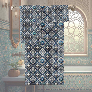 Traditional Elegance   Blue & White Morrocan Tiles Bath Towel Set