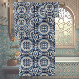 Traditional Elegance   Blue & White Morrocan Tiles Bath Towel Set