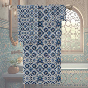 Traditional Elegance   Blue & White Morrocan Tiles Bath Towel Set