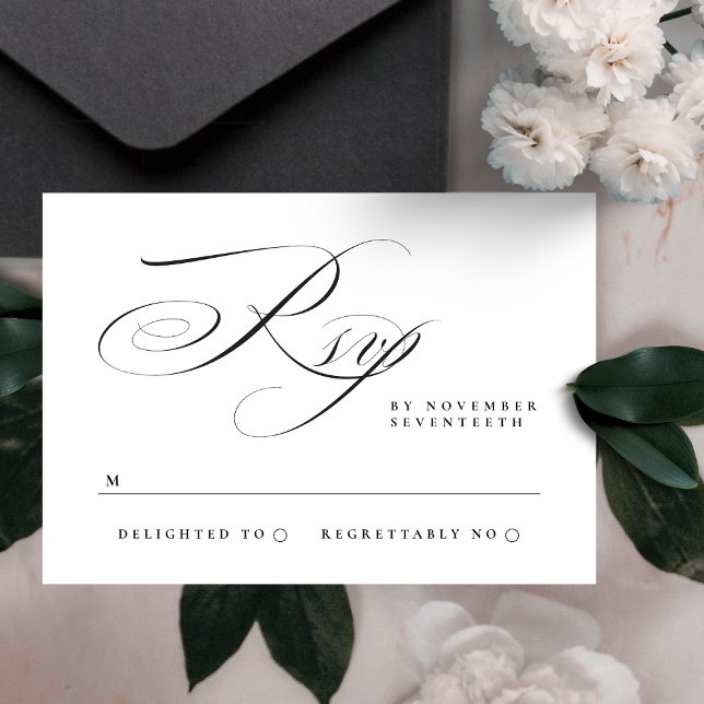 Traditional Elegant Calligraphy Black Tie Wedding RSVP Card (Creator Uploaded)