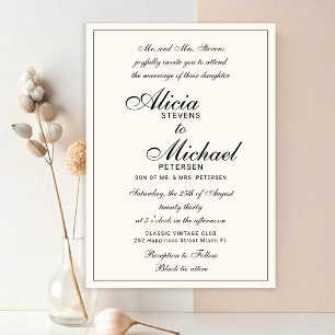 Traditional elegant classic black ivory wedding invitation