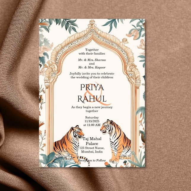 Traditional Elegant Vintage Tigers Indian Wedding Invitation (indian arched door with two tigers beige gold color wedding invitation)