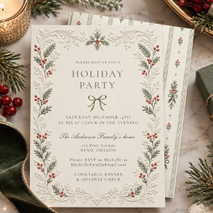 Traditional Embossed Winter Holly Holiday Party Card