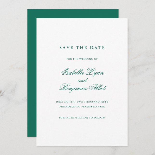 Traditional Emerald Green Formal Elegant Wedding Save The Date (Front/Back)